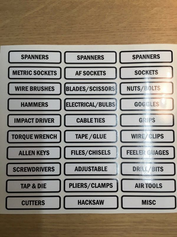 TOOLBOX Drawer Label stickers decals tool Organiser Label set Black and white